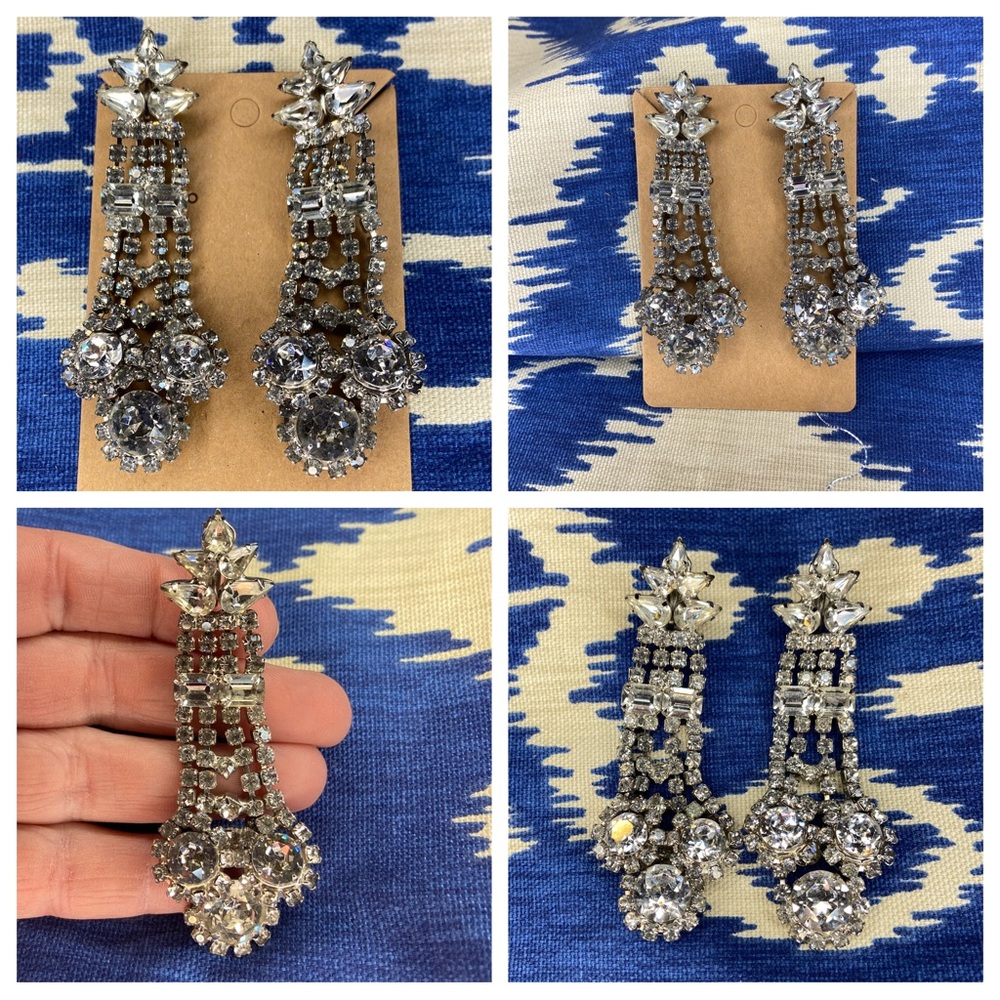 Vintage Art Deco Unsigned Rhinestone Silvertone Statement Clip Earrings